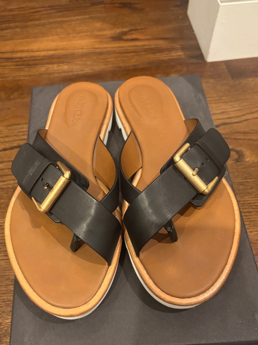 See By Chloe Women's size 37 1/2 Black Buckle Toe-Loop Sandals